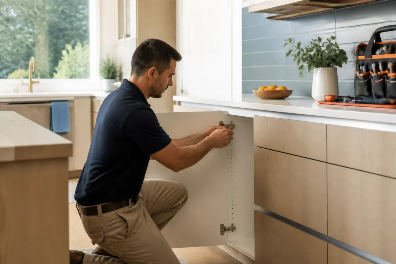Unbranded home service technician carefully installing a kitchen fixture